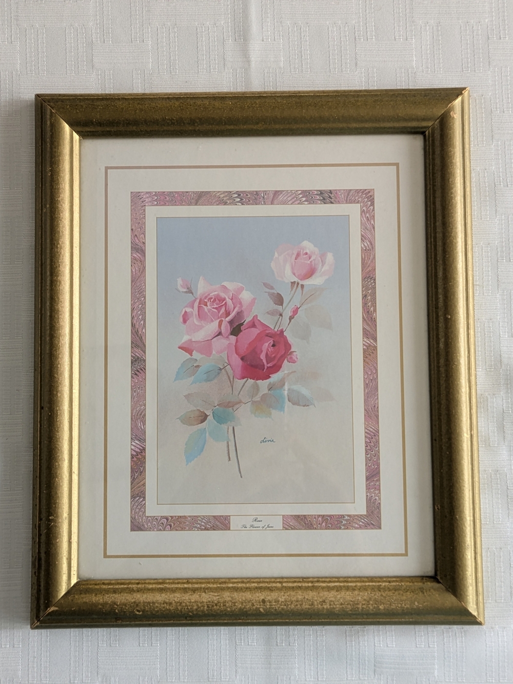Vintage Framed Rose Floral Art Print Signed "Livia" – Gold Wood Frame